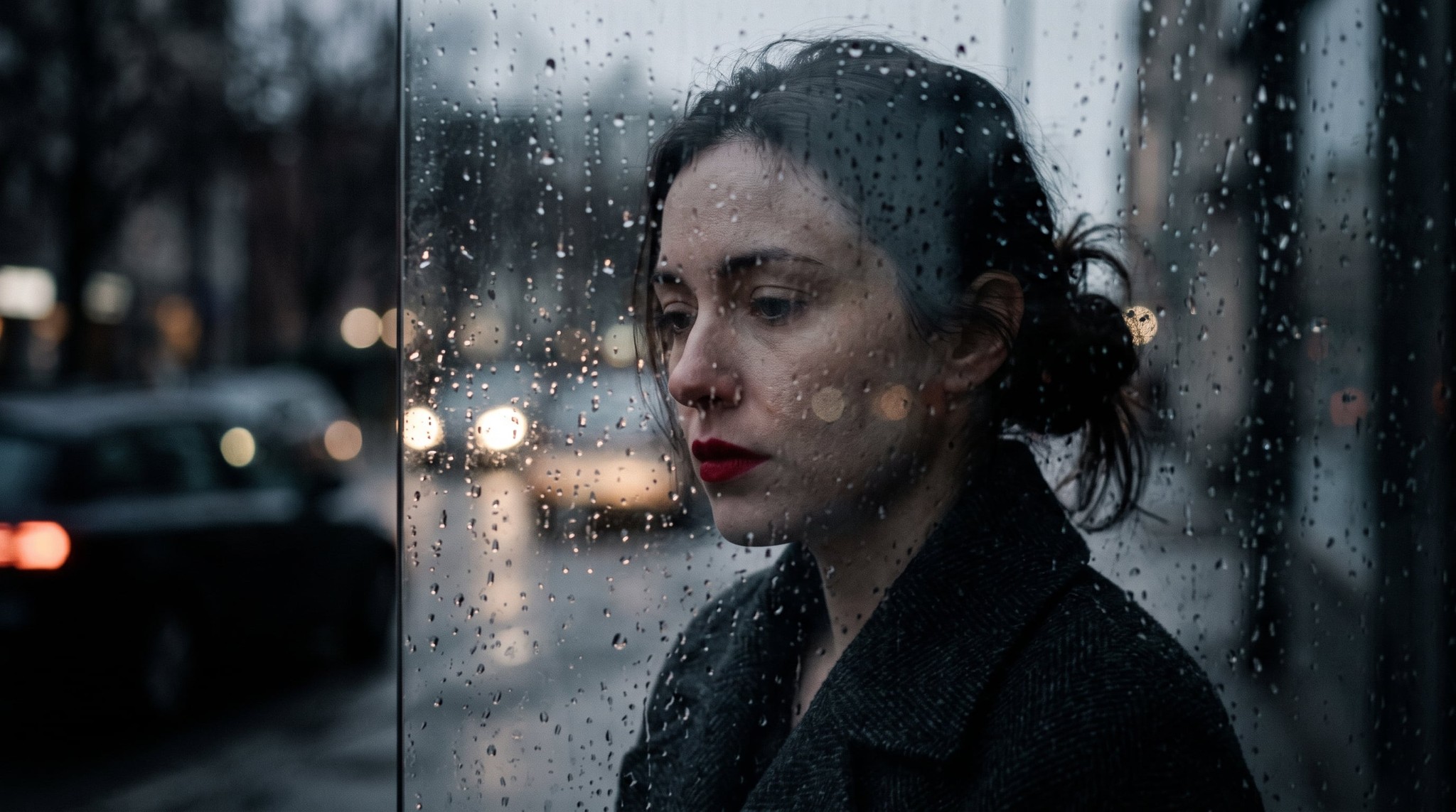 Red Lips Behind Rainy Glass Cinematic Portrait