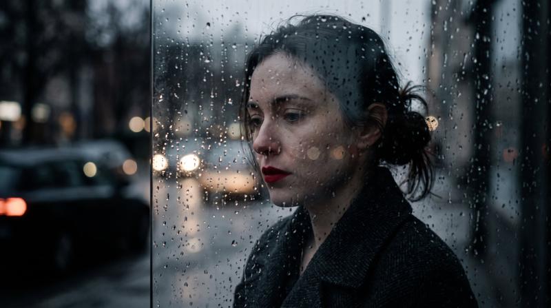 Red Lips Behind Rainy Glass Cinematic Portrait