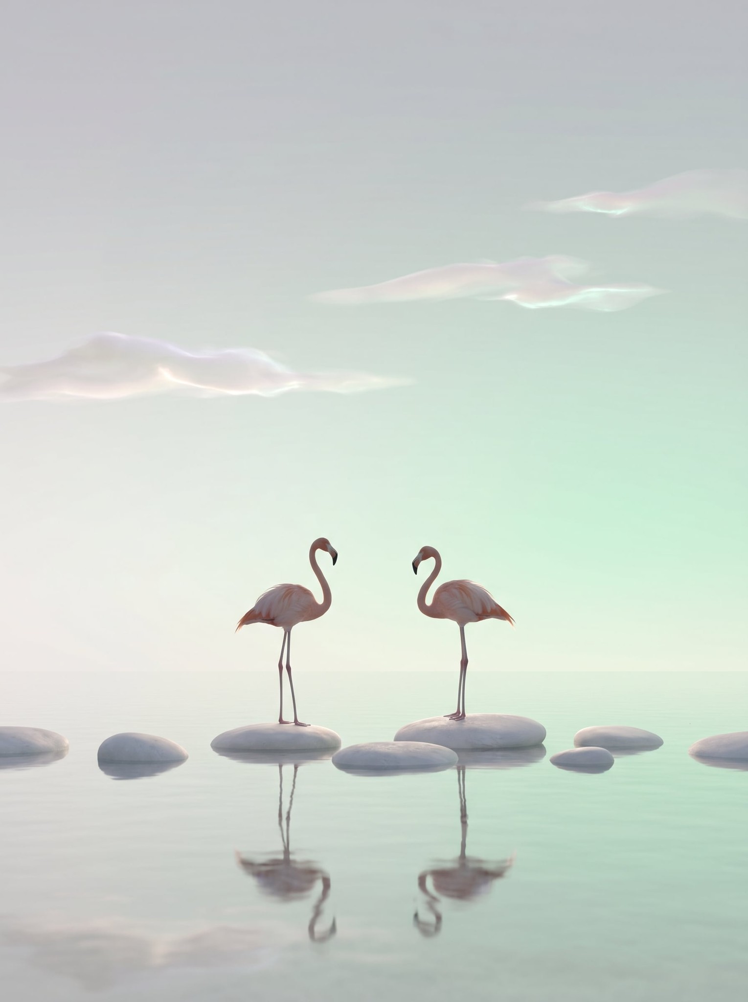 Meditative Flamingos in Misty Shallow Water