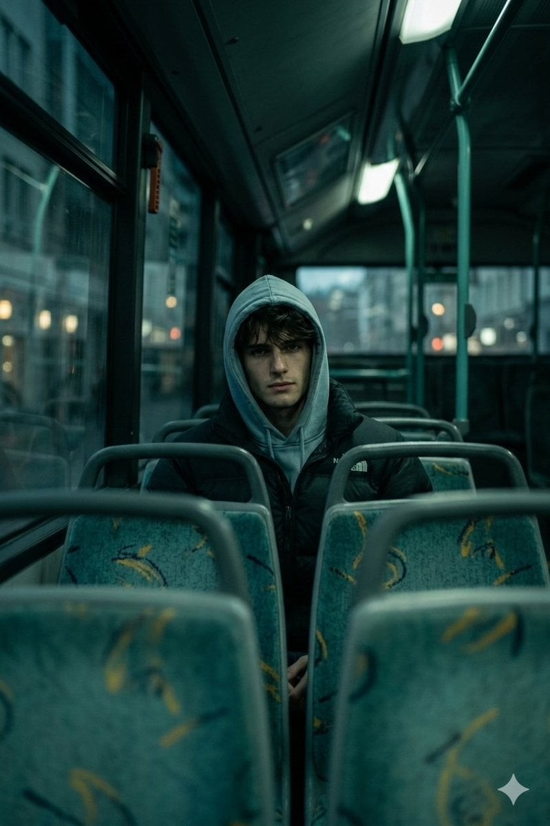 Cool-Toned Bus Interior Gaze