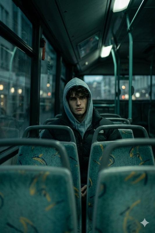 Cool-Toned Bus Interior Gaze