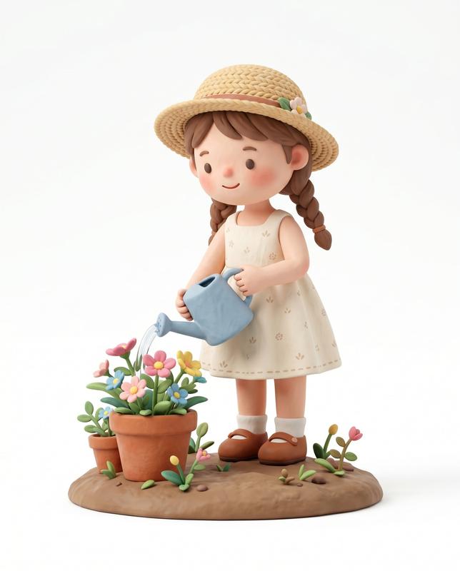 Clay Girl Watering Flowers