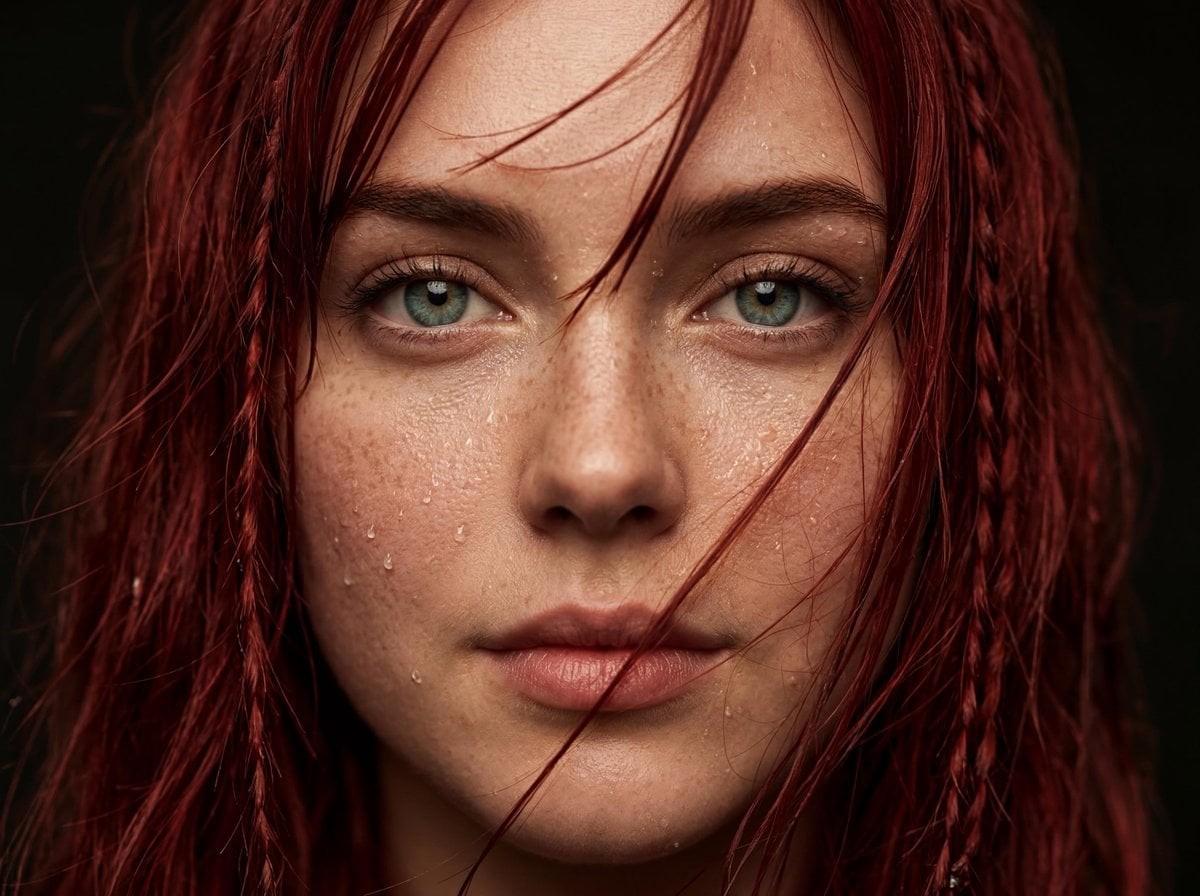 Wet Red Hair Blue-Green Eye Close-Up