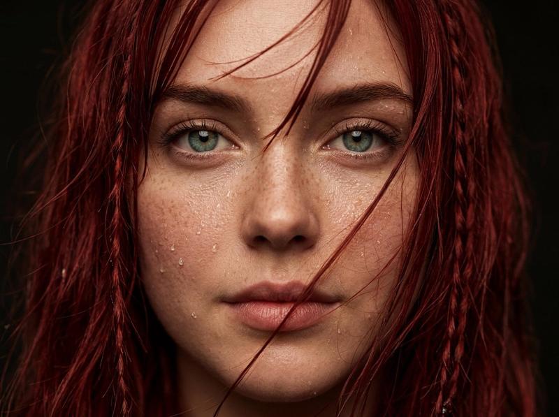 Wet Red Hair Blue-Green Eye Close-Up