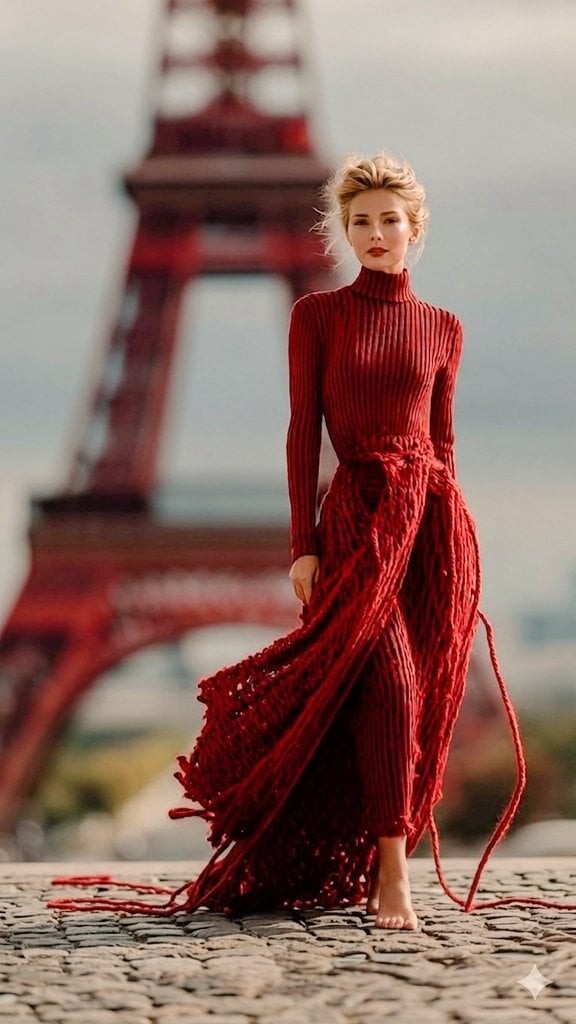 Eiffel Tower Wrapped in Red Yarn