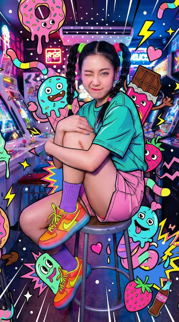 Young Woman Sitting Sideways on Arcade Stool