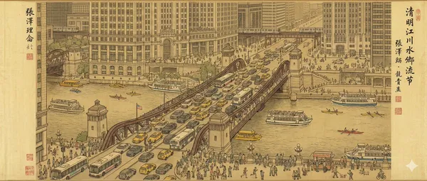 Modern Chicago Riverbank Along the River During Qingming Festival