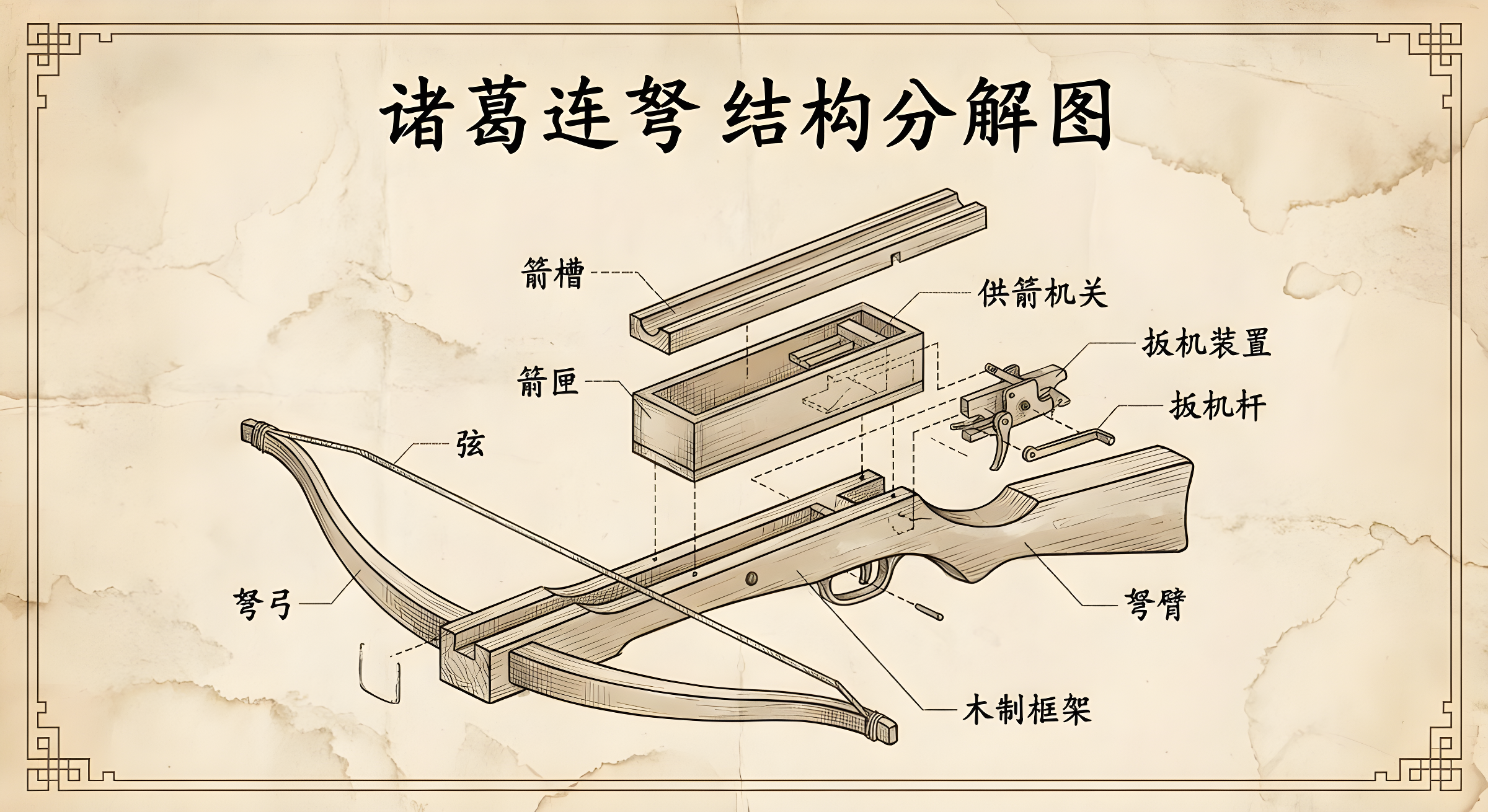 Exploded View of Zhuge Repeating Crossbow in Vintage Style