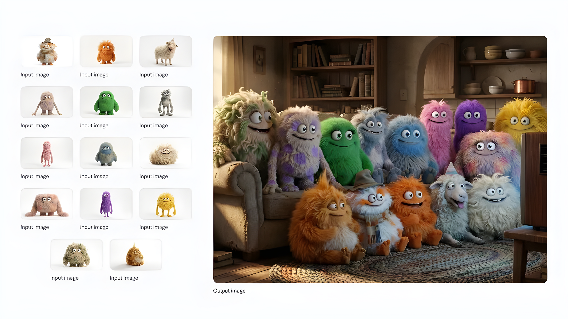 14 Fluffy Creatures Lined Up on Couch