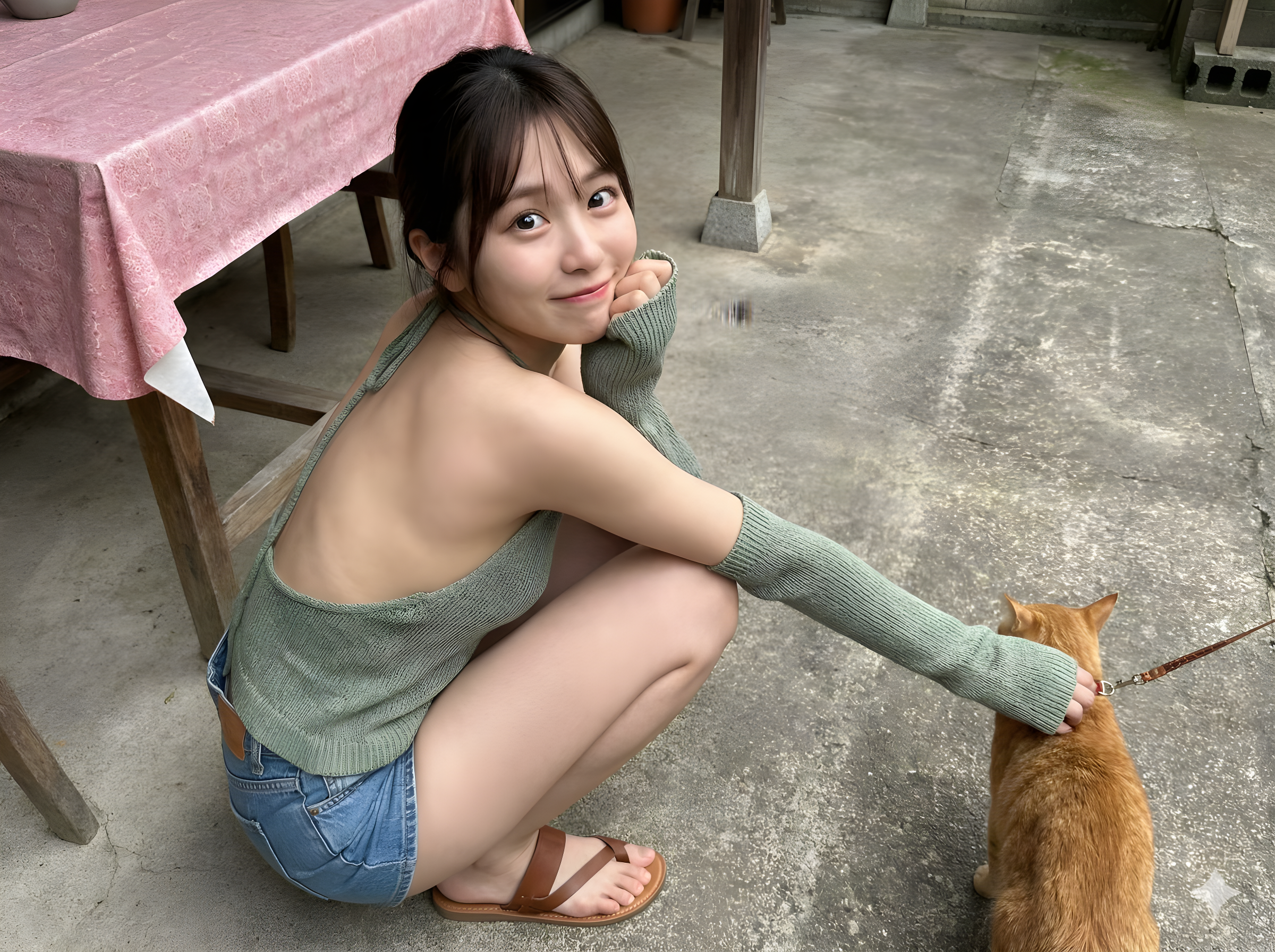 Young Asian Girl Squatting in Concrete Courtyard