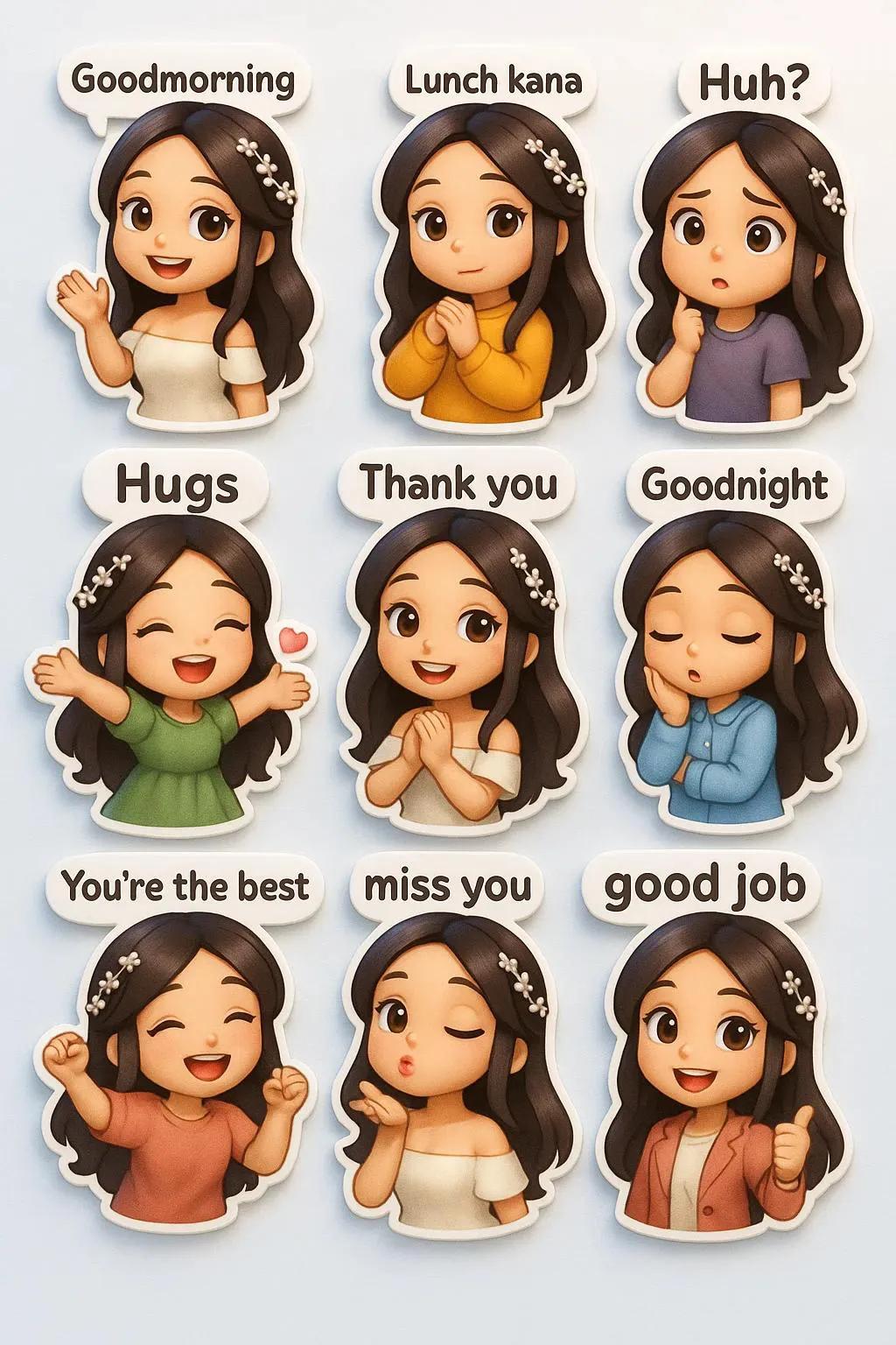 Nine Chibi Stickers with Different Outfits, Poses, and Expressions