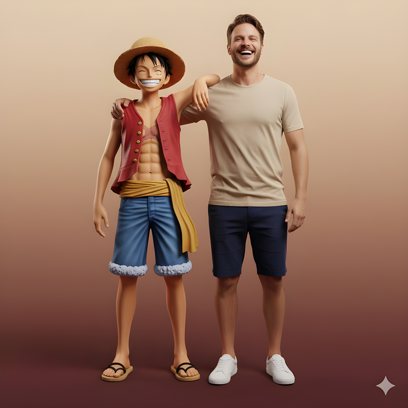 Hyperrealistic Full-Body Portrait Interacting with Luffy