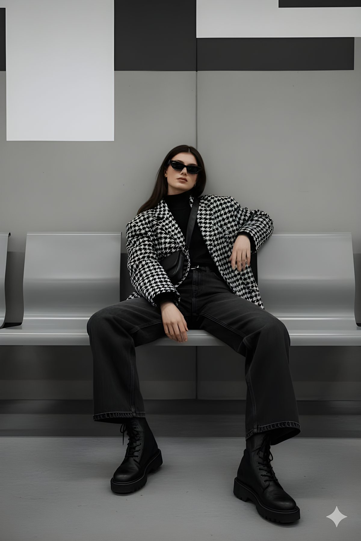 Sitting on Modern Subway Bench