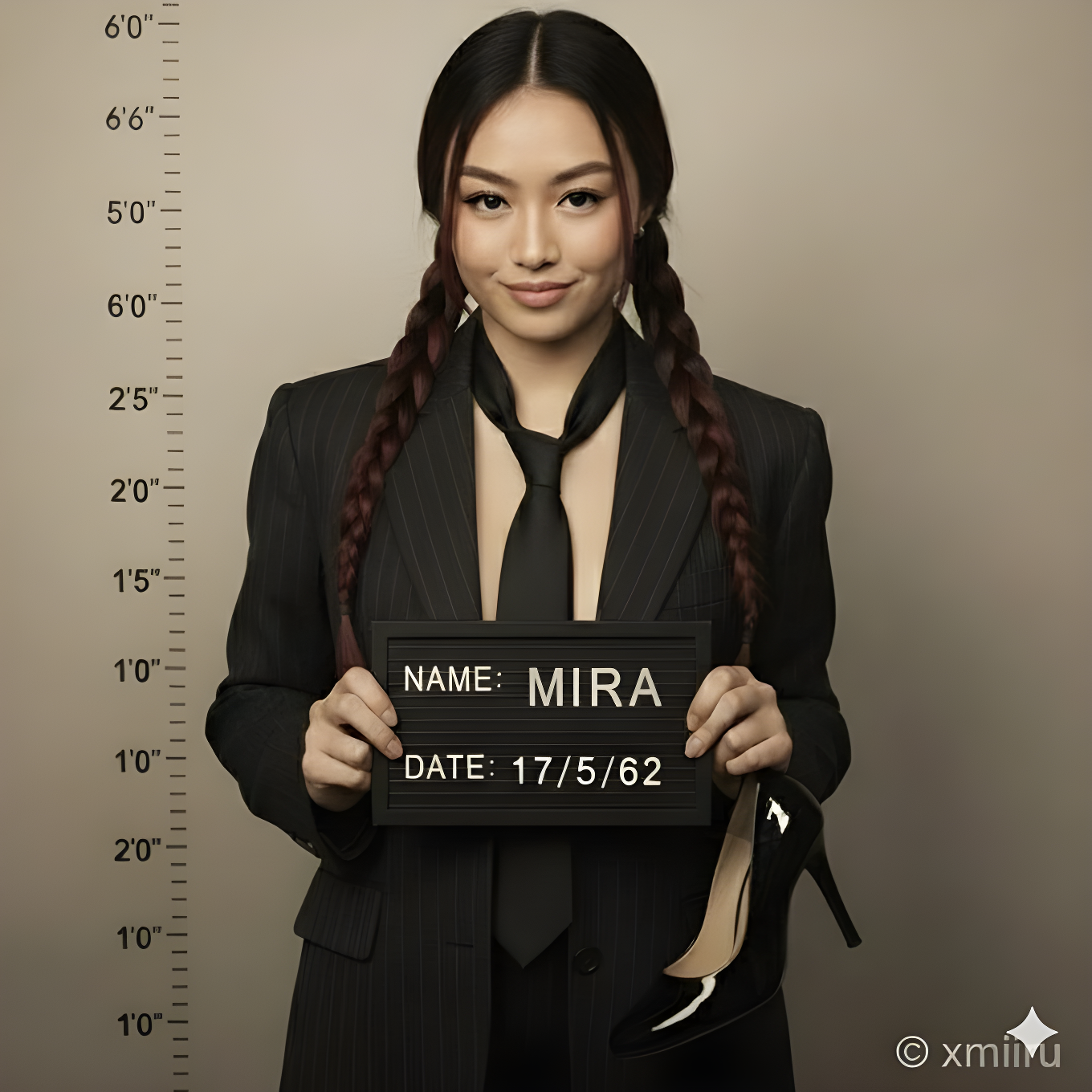 Woman in Suit Posing Like Mugshot
