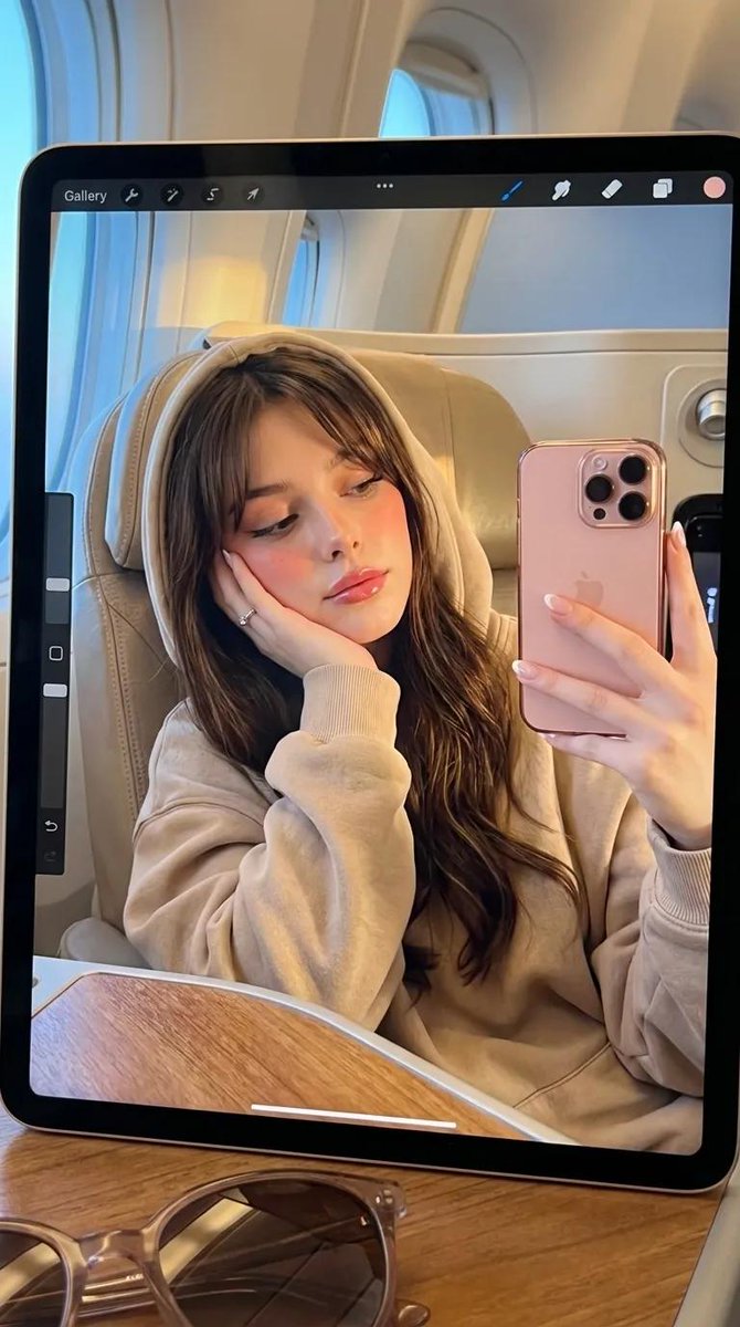 Woman Reflected on iPad Screen on Plane Tray Table