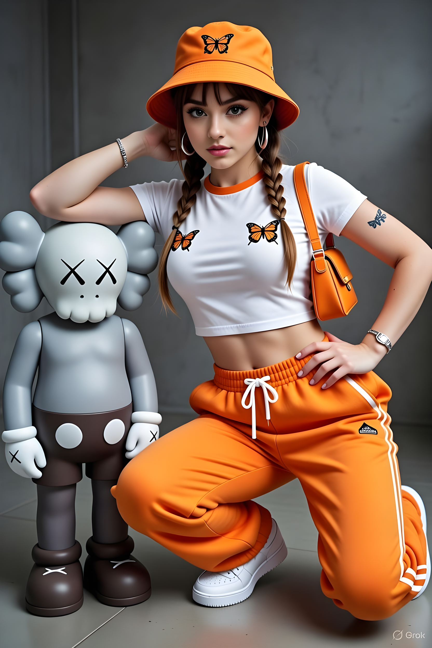 Woman Standing Beside A KAWS-Style Art Sculpture