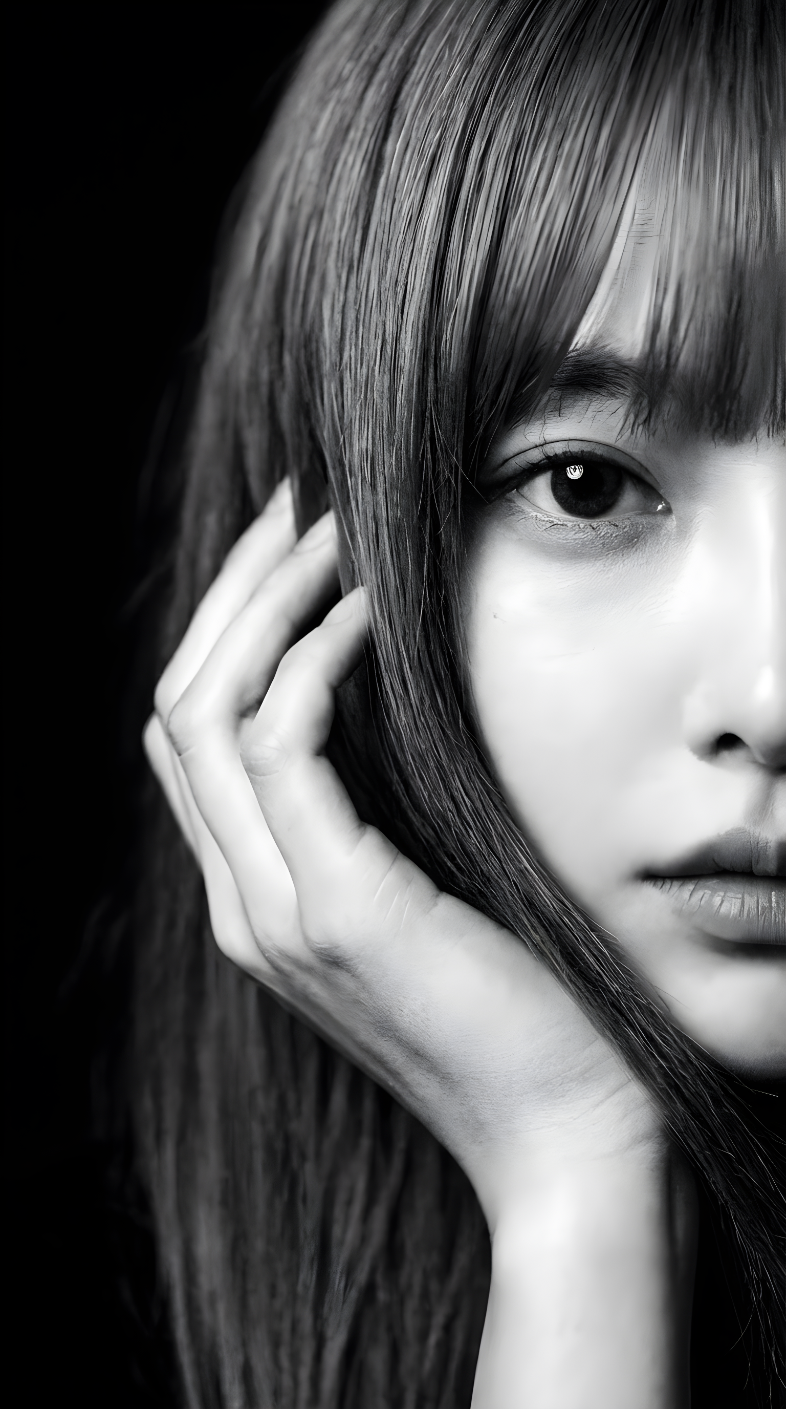 Half Gaze · Cinematic Black-and-White Extreme Close-Up Portrait