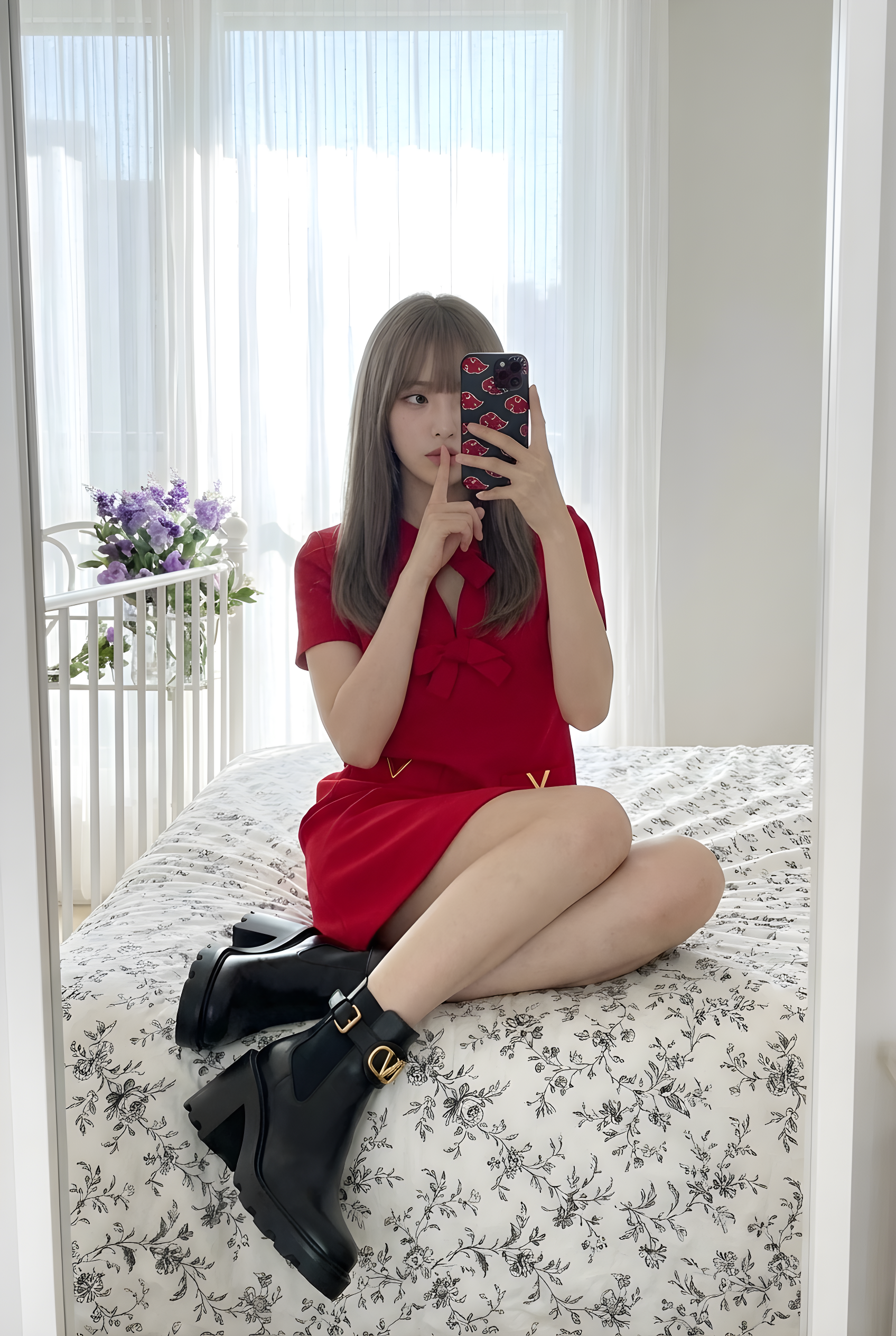 Soft Light Mirror Selfie on a Floral Bed