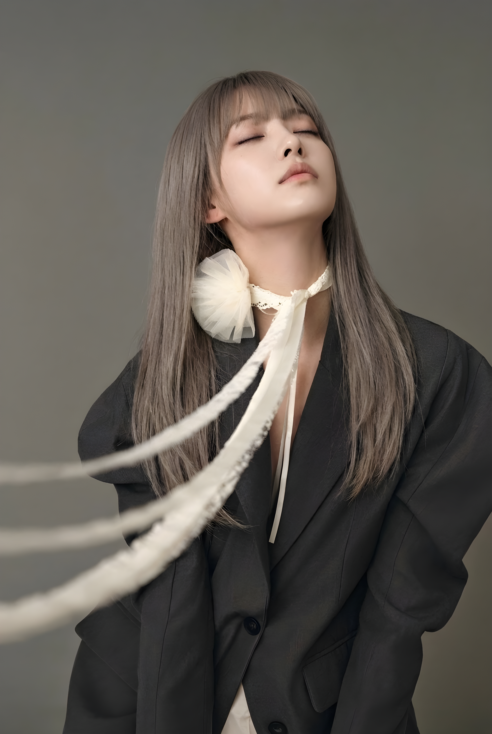 Muted Editorial Portrait with Flowing Ribbon