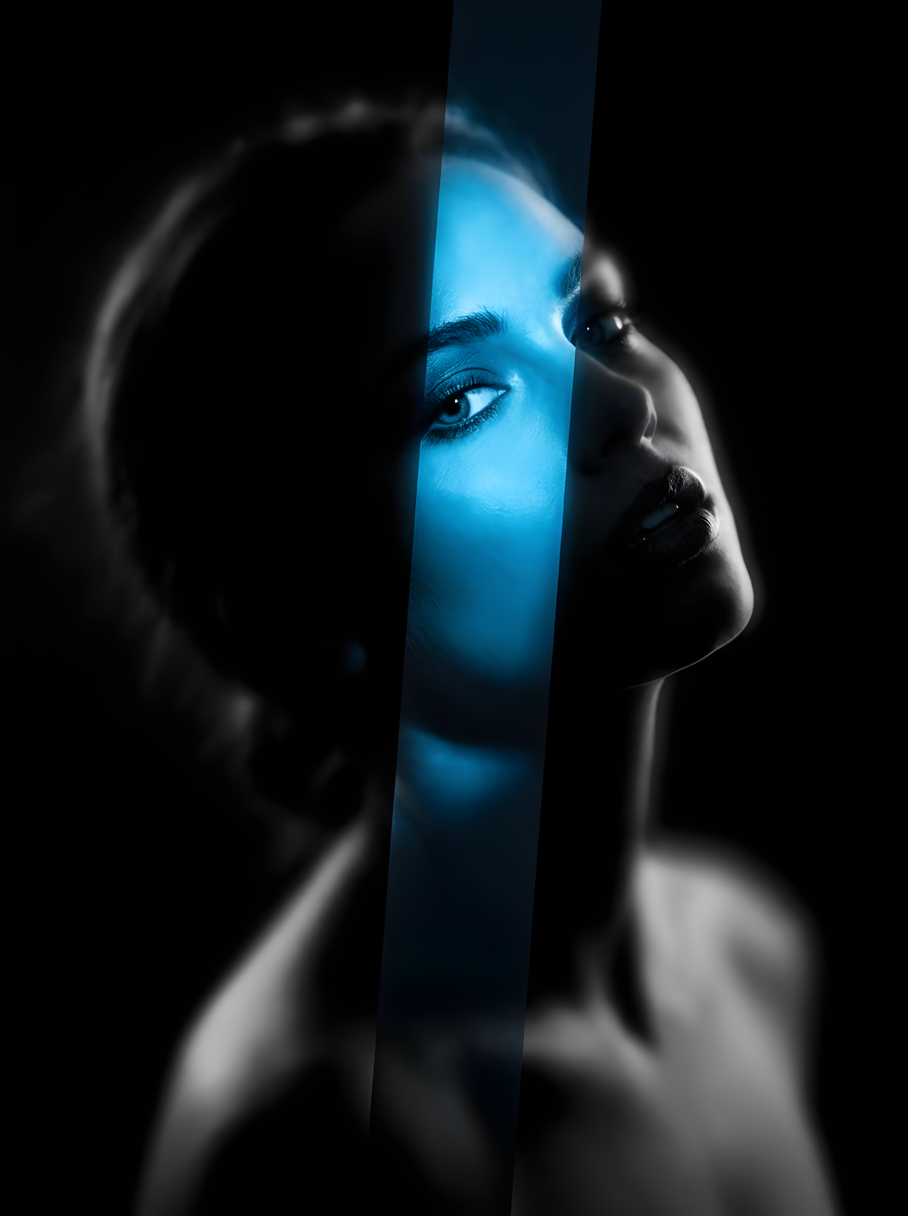 Blue-lit fractured portrait