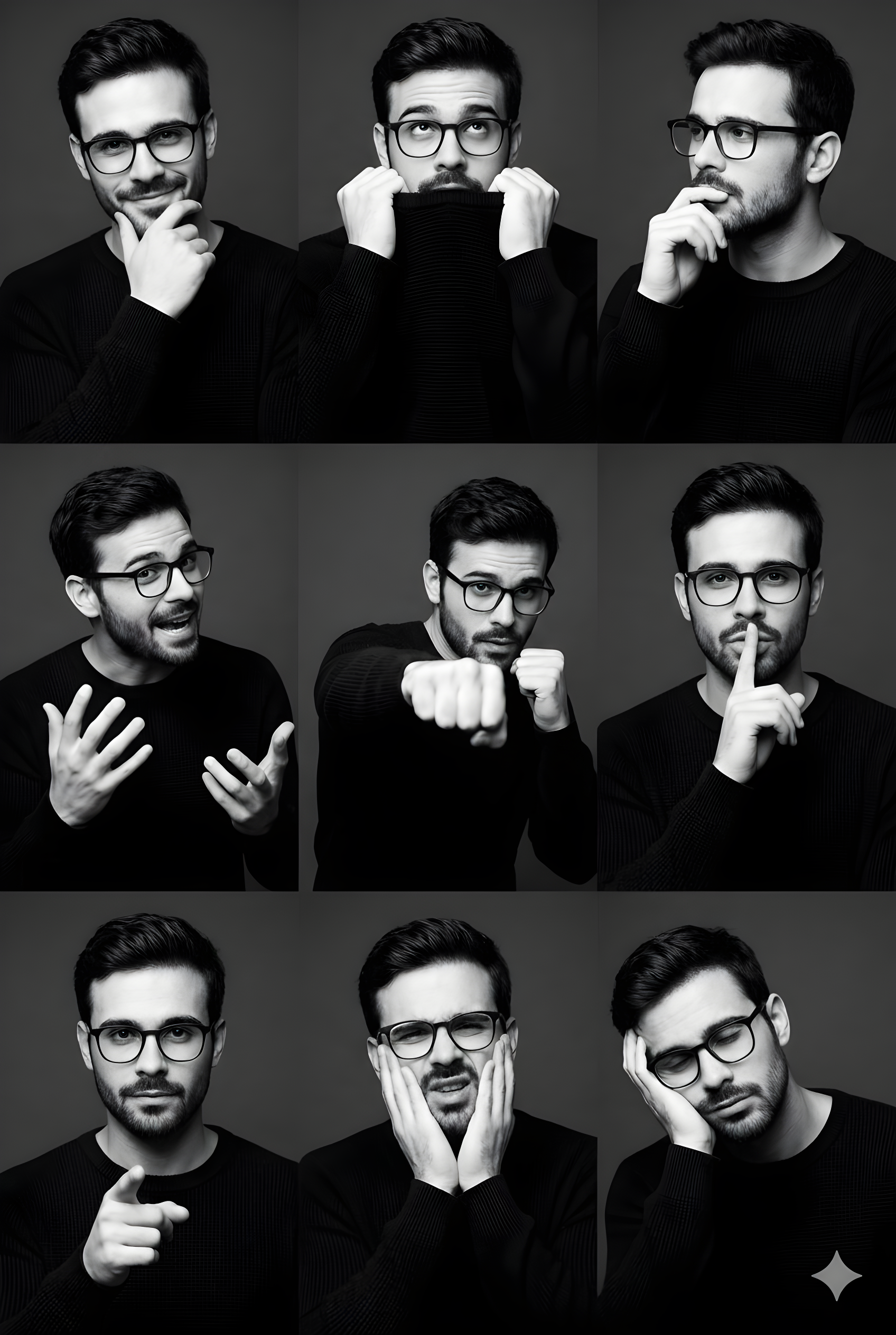 B&W 9-Grid Multi-Emotion Portrait of Man in Black