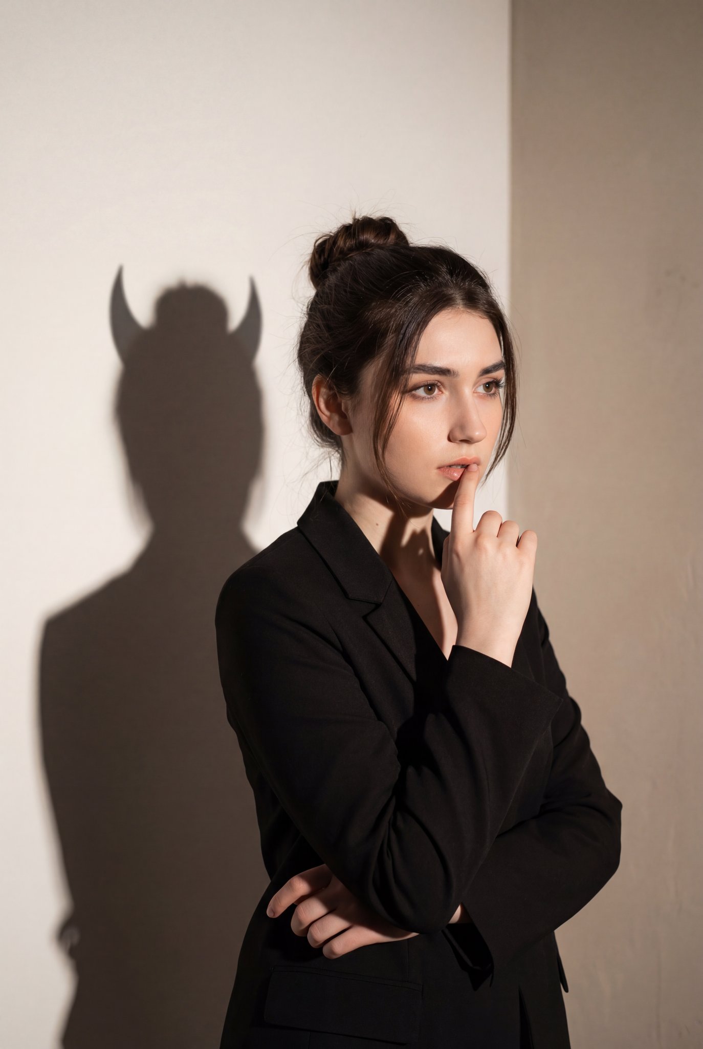 Psychological Portrait of Woman with Demon Shadow