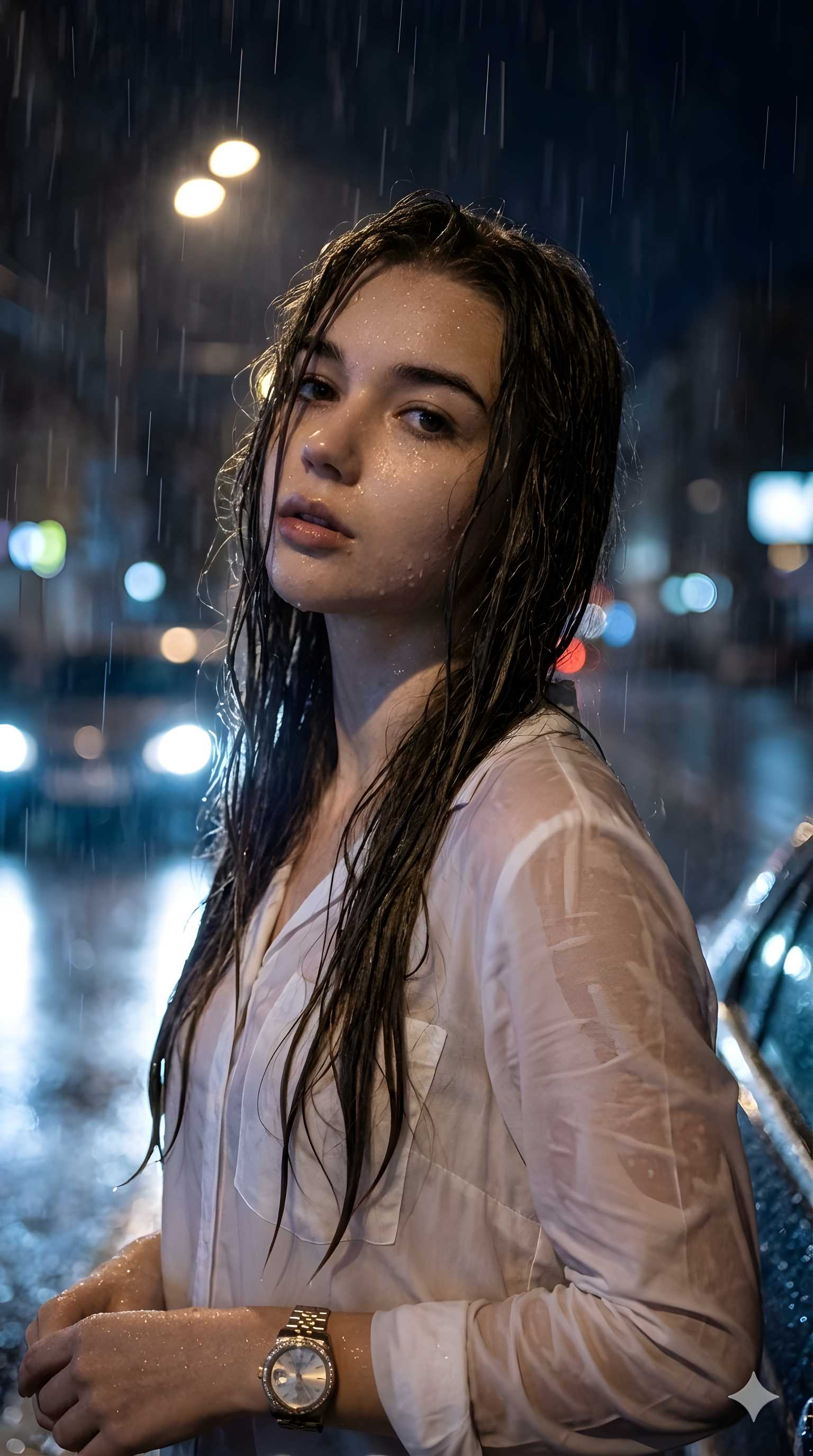 Contemplative Woman in Rainy City Night