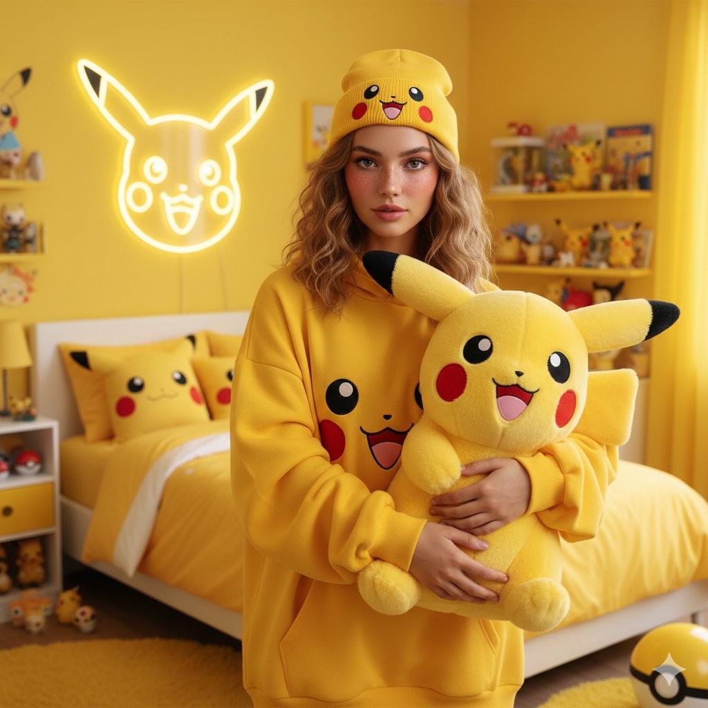 Girl in Pikachu-Themed Bedroom