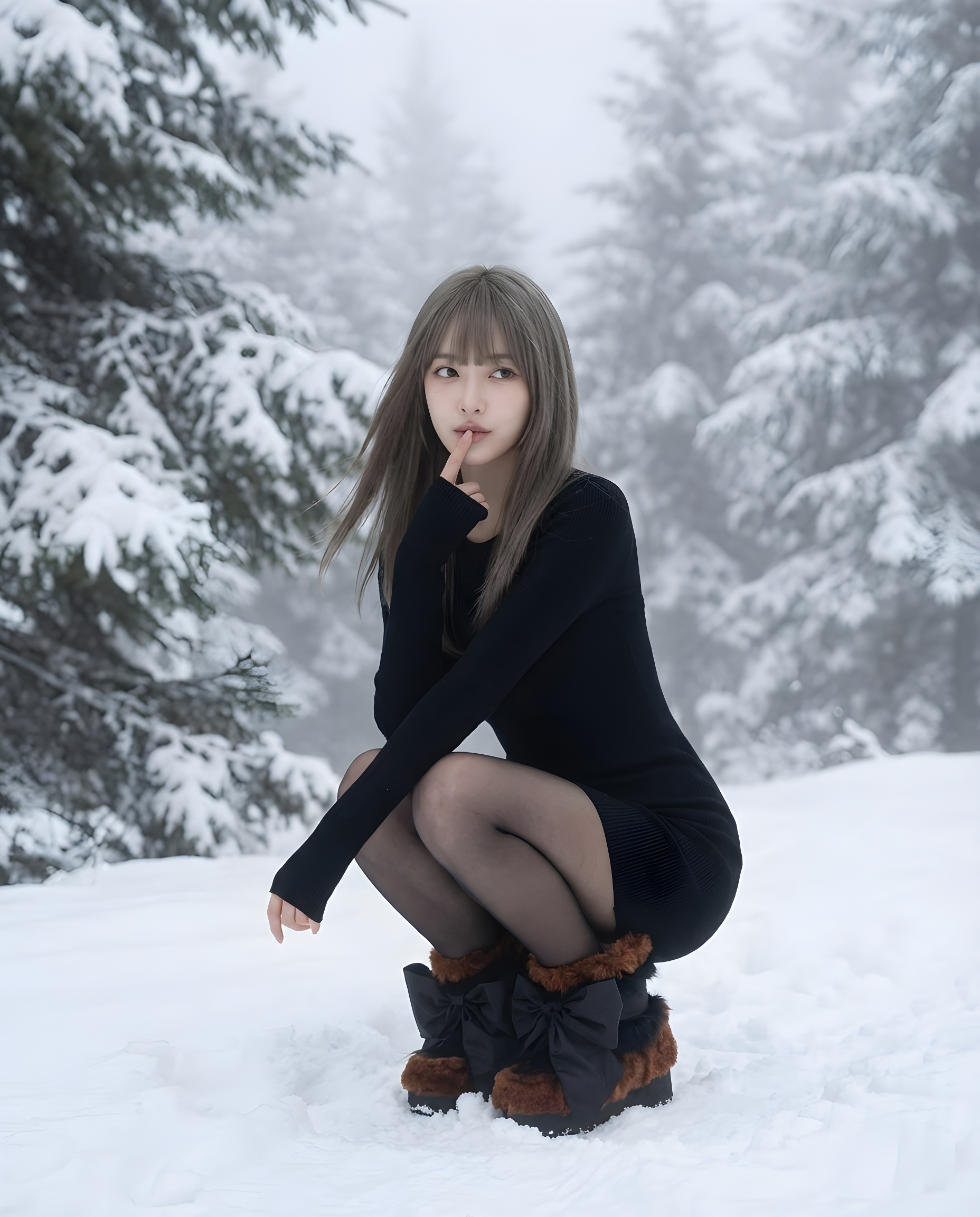 Girl in a Black Dress in a Snowy Forest
