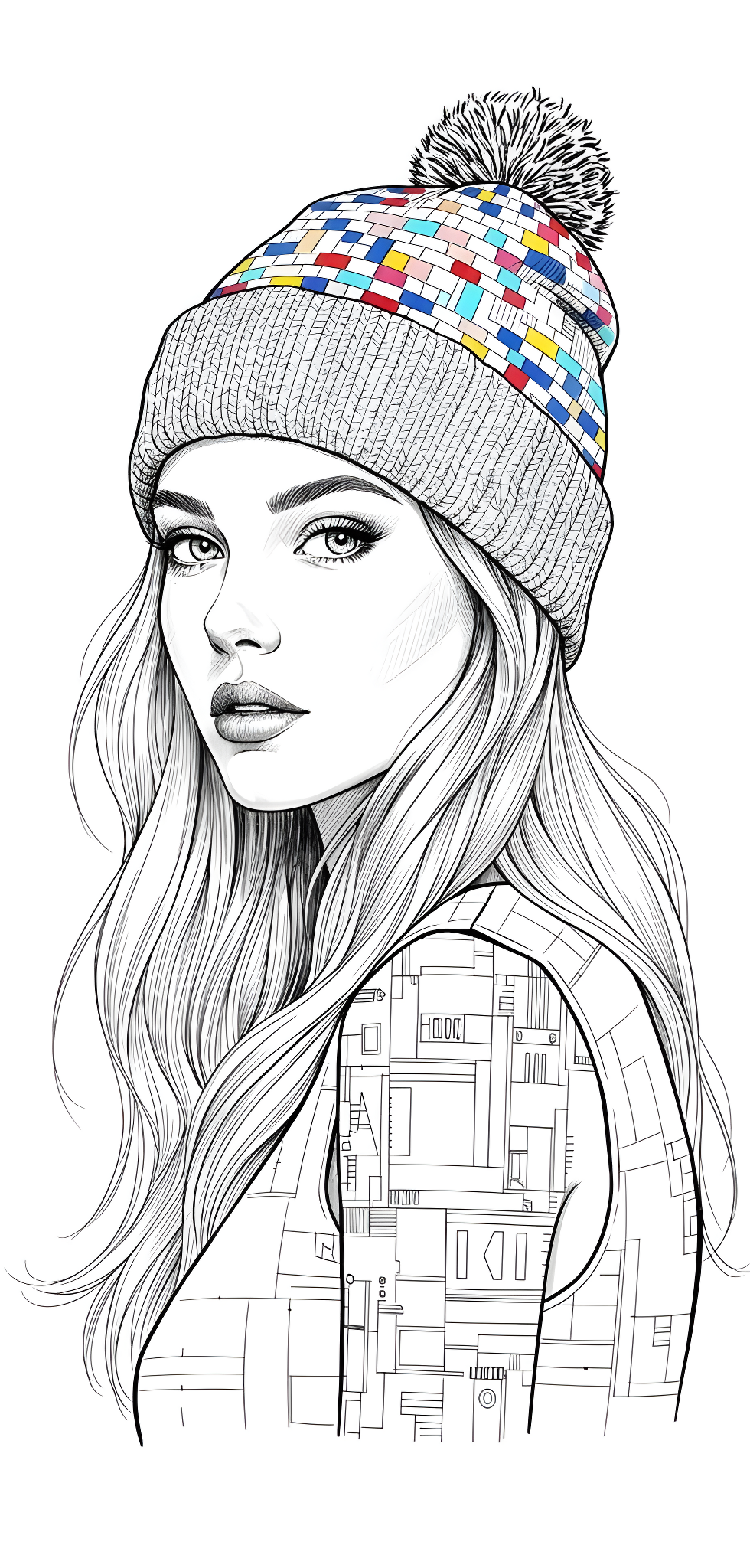 Ultra-detailed Ink Mosaic Beanie Girl