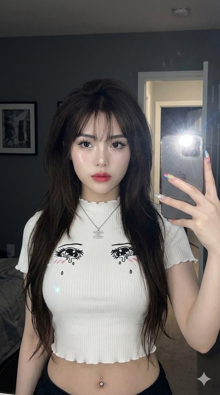 Smartphone Mirror Selfie — Asian Girl with Wolf Cut