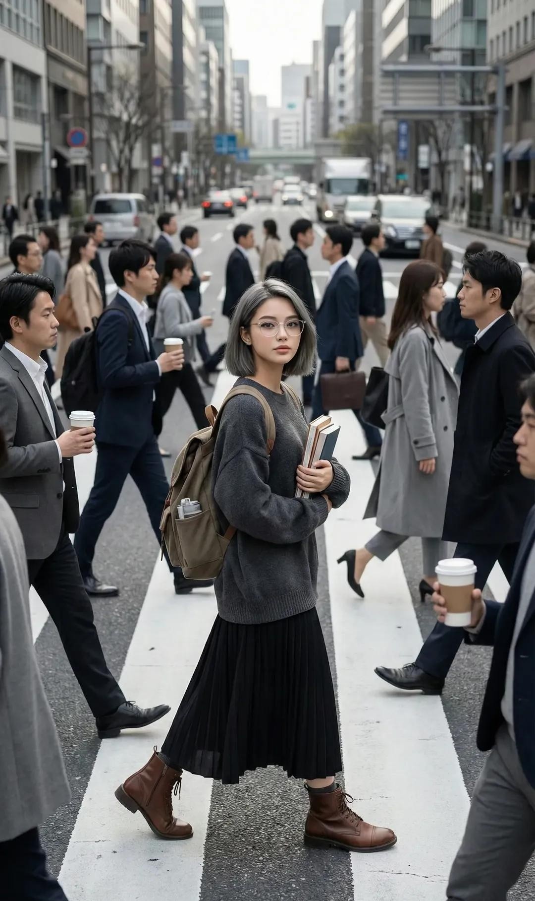 Urban Crosswalk — Still Girl Among the Crowd