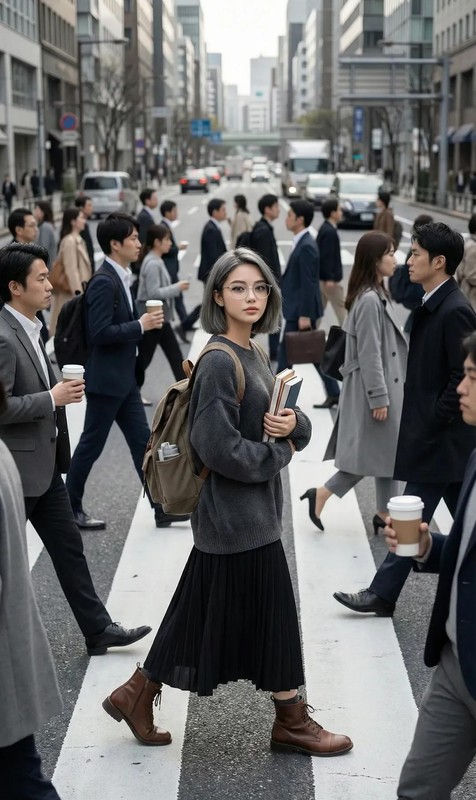 Urban Crosswalk — Still Girl Among the Crowd