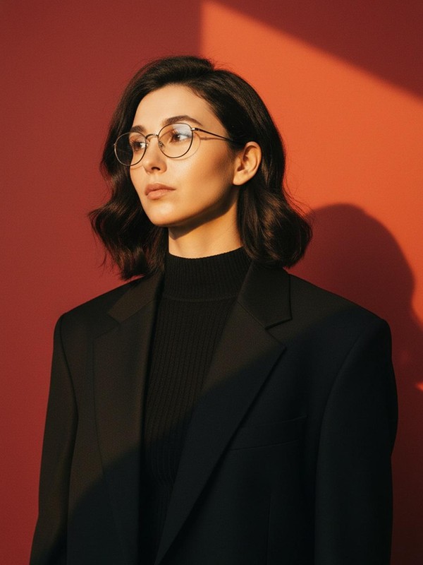 Fashion Portrait with Geometric Shadows on Red Wall