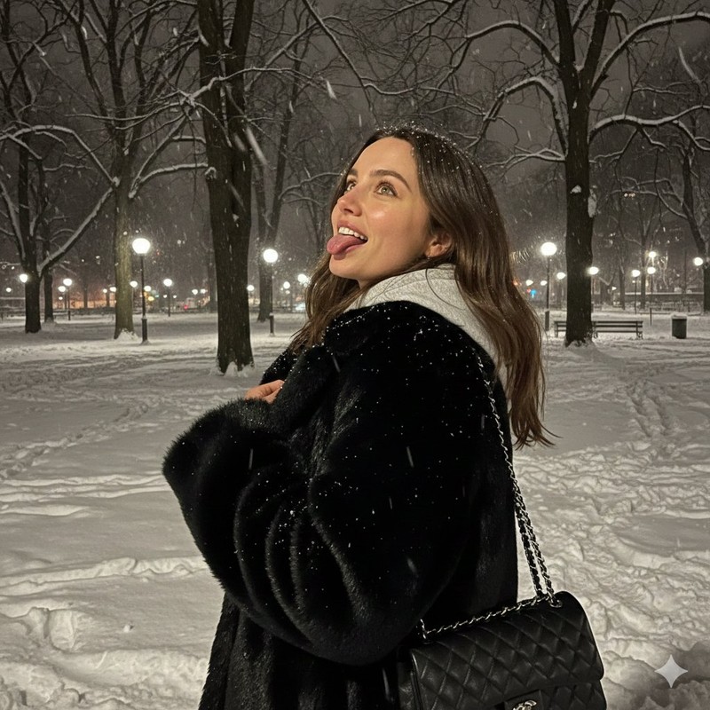Playful Fur Coat Portrait in Winter Snowfall Night