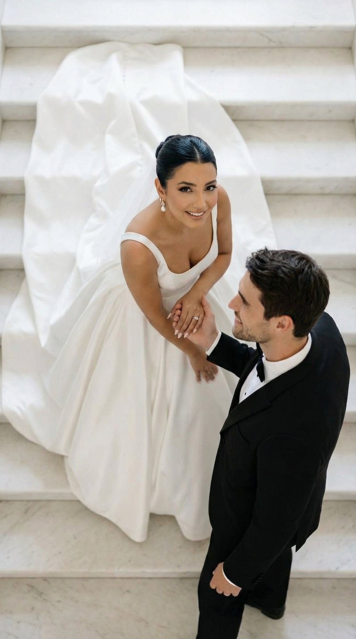 White Marble Staircase Wedding Overhead Editorial