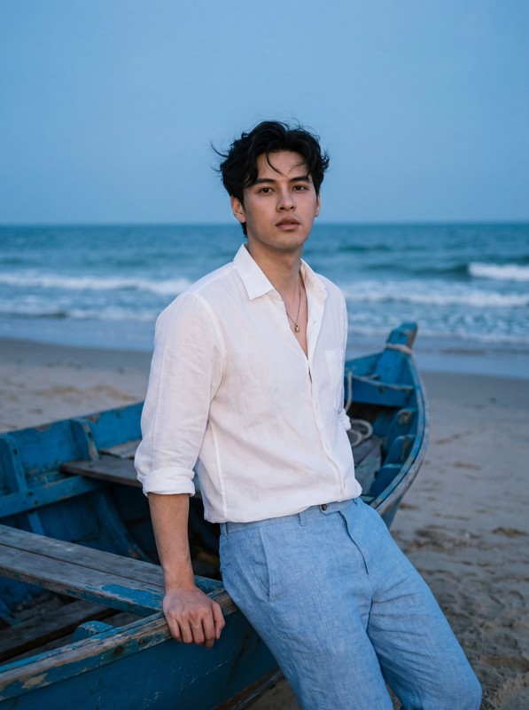 Dusk Beach Blue Boat Male Cinematic Portrait