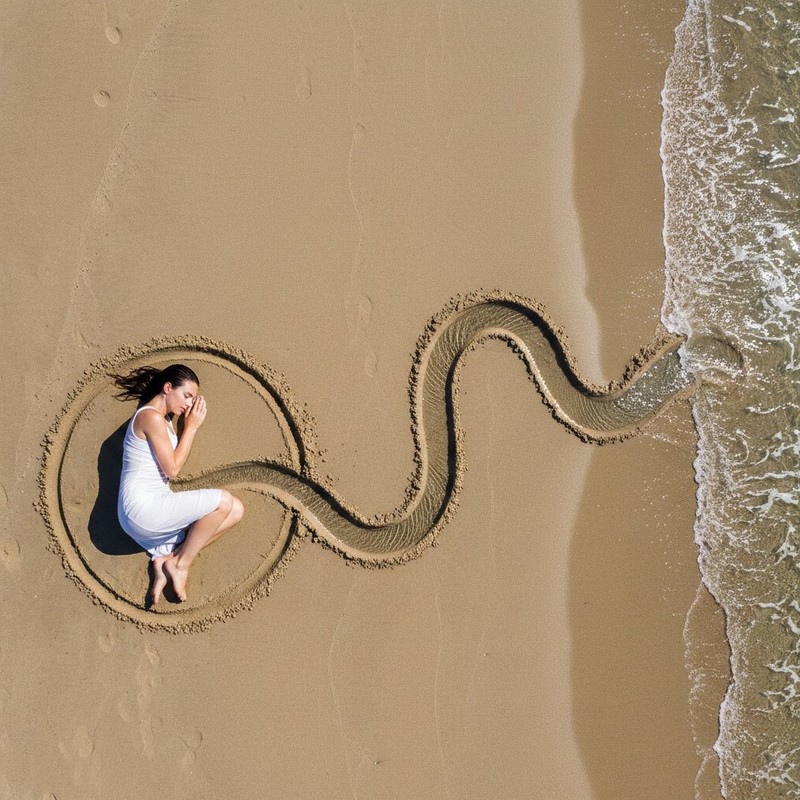 Beach Land Art Curled Woman Bird Eye View