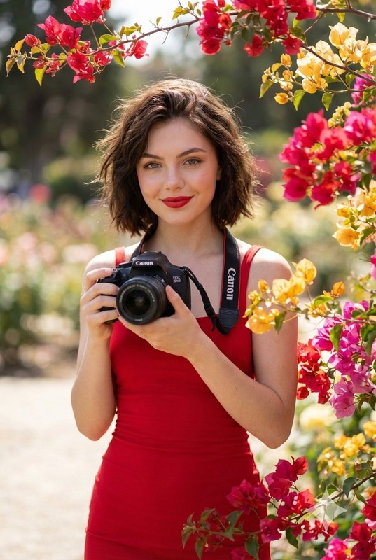 Red Dress Camera Outdoor Floral Fashion Portrait