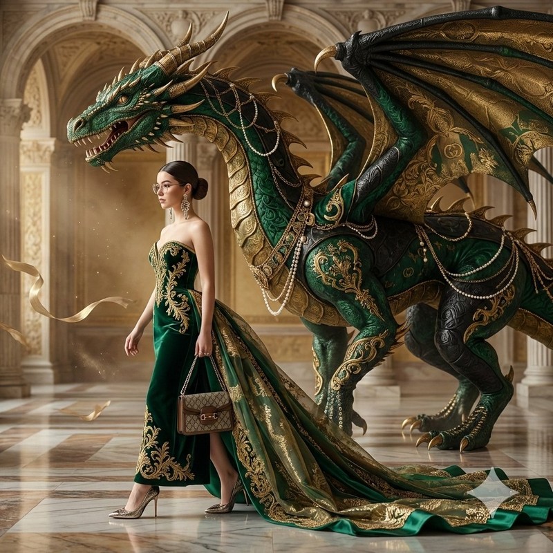 Emerald Velvet Couture Dragon and Queen Editorial
