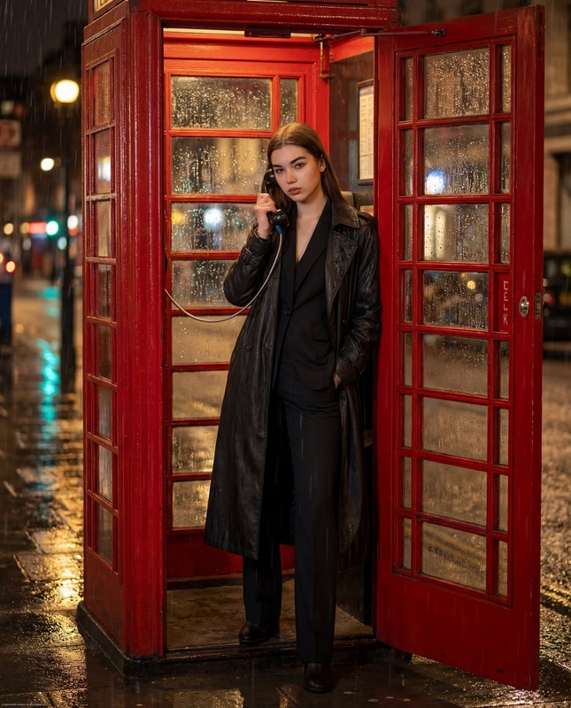 Rainy London Night Red Telephone Booth Fashion Editorial