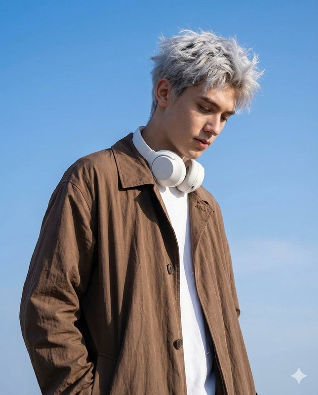 Silver-White Hair Blue Sky White Shirt Headphone Male Portrait