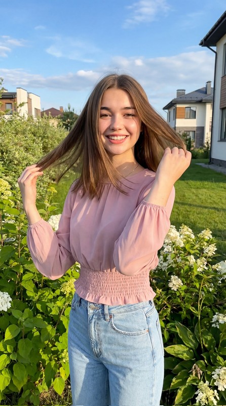 Garden Sunlight Pink Blouse Fresh Girl Portrait