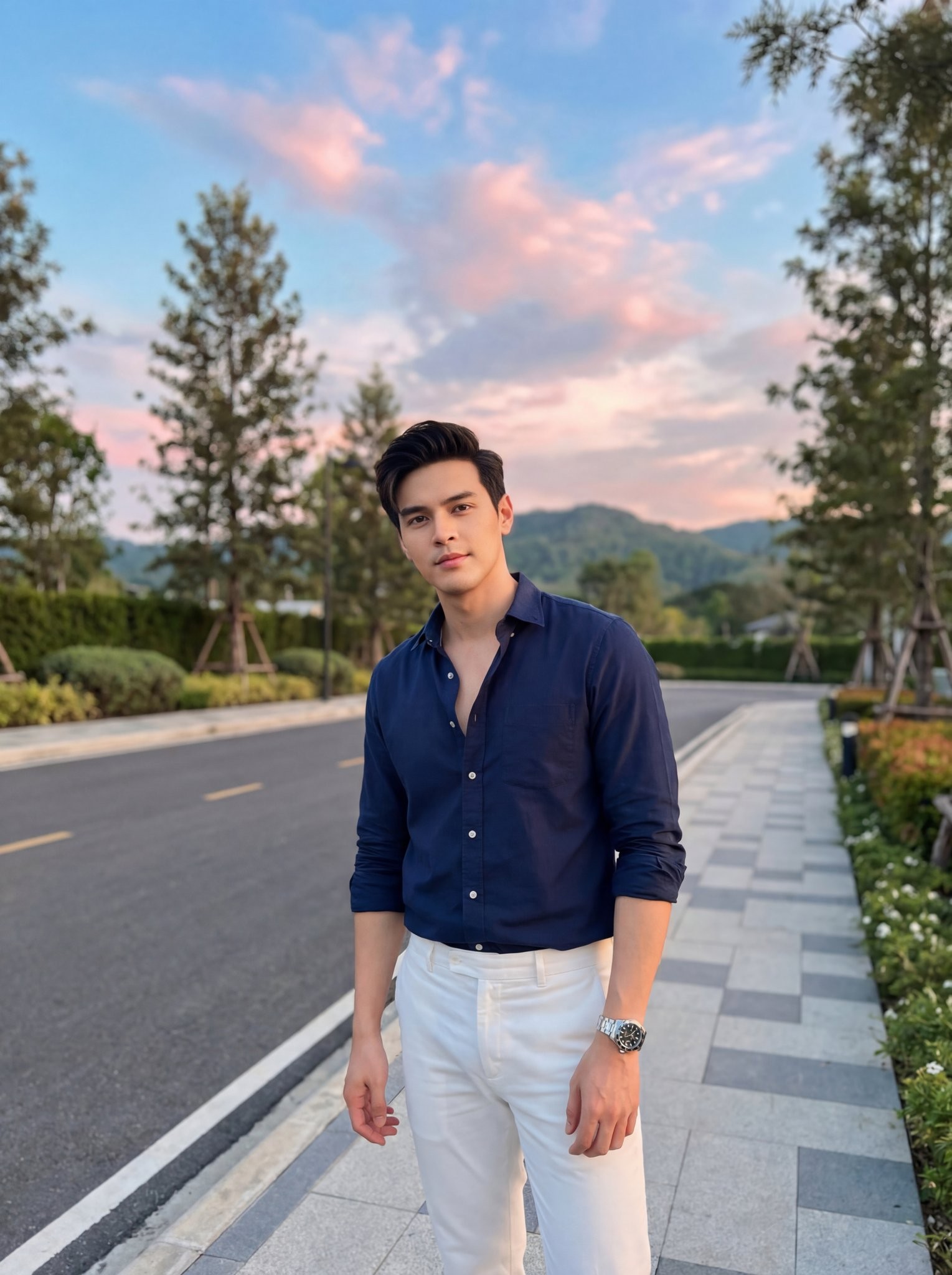 Sunset Sidewalk Navy Shirt Men Fashion Portrait