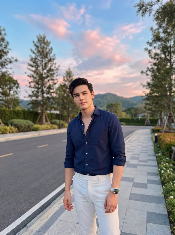 Sunset Sidewalk Navy Shirt Men Fashion Portrait