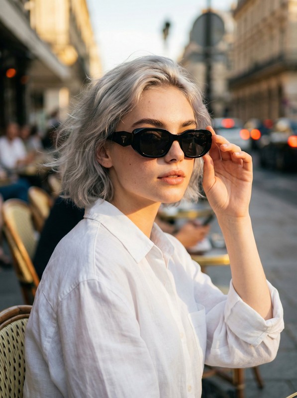 European Outdoor Café Silver Hair Sunglasses Woman