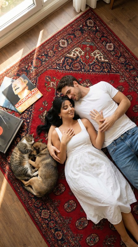 Red Turkish Rug Couple Top-View
