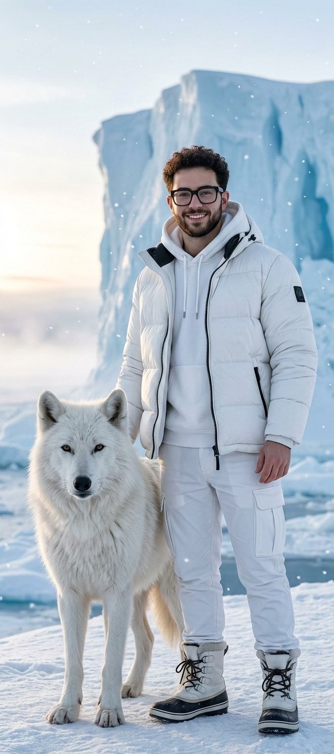 Arctic White Wolf and Winter Outfit Portrait