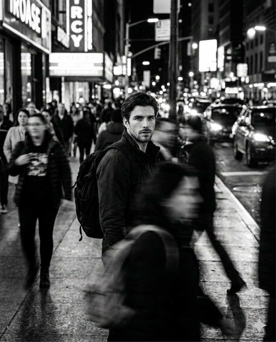 B&W Cinematic Street Portrait with Motion-Blurred Crowd