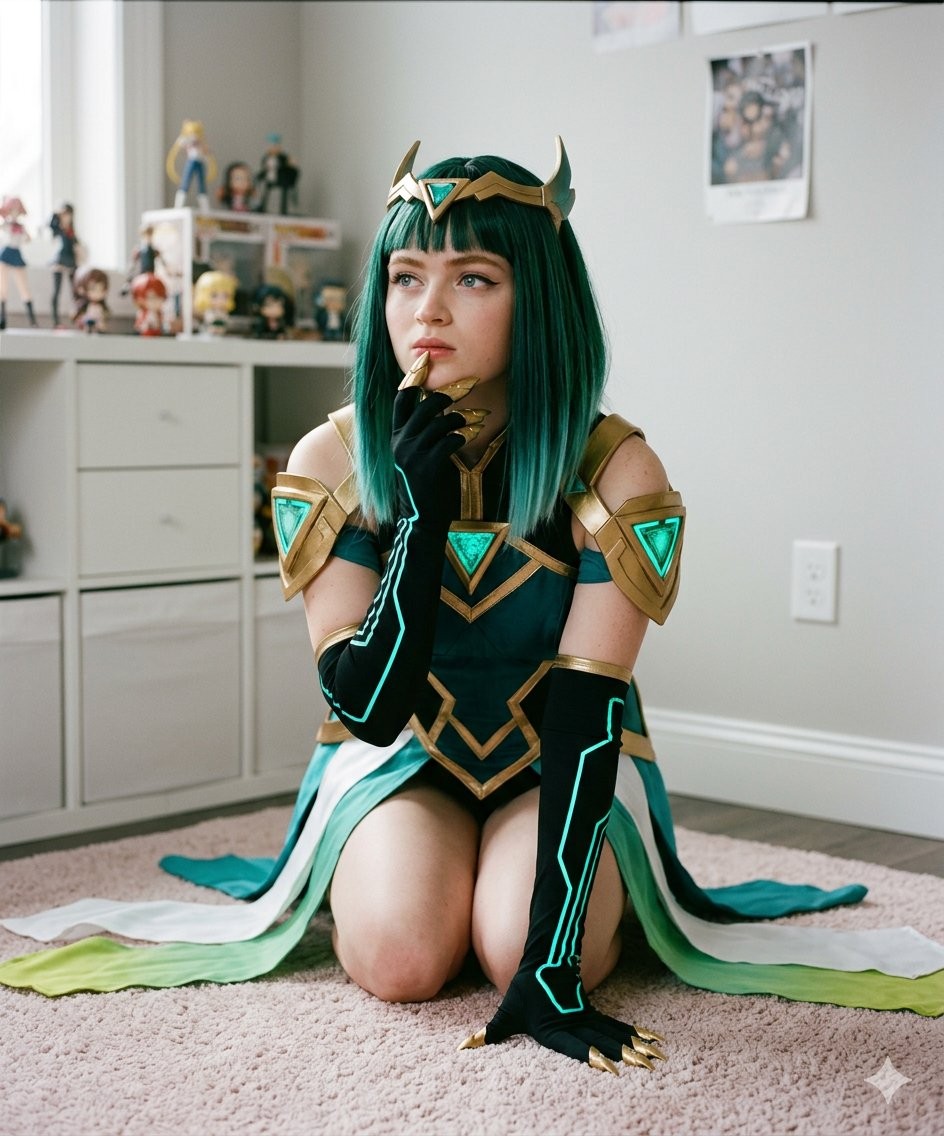 Emerald Sci-Fi Elf Cosplay Kneeling Portrait